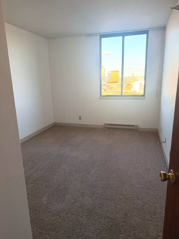 Empty bedroom with freshly vacuumed carpet and a city view