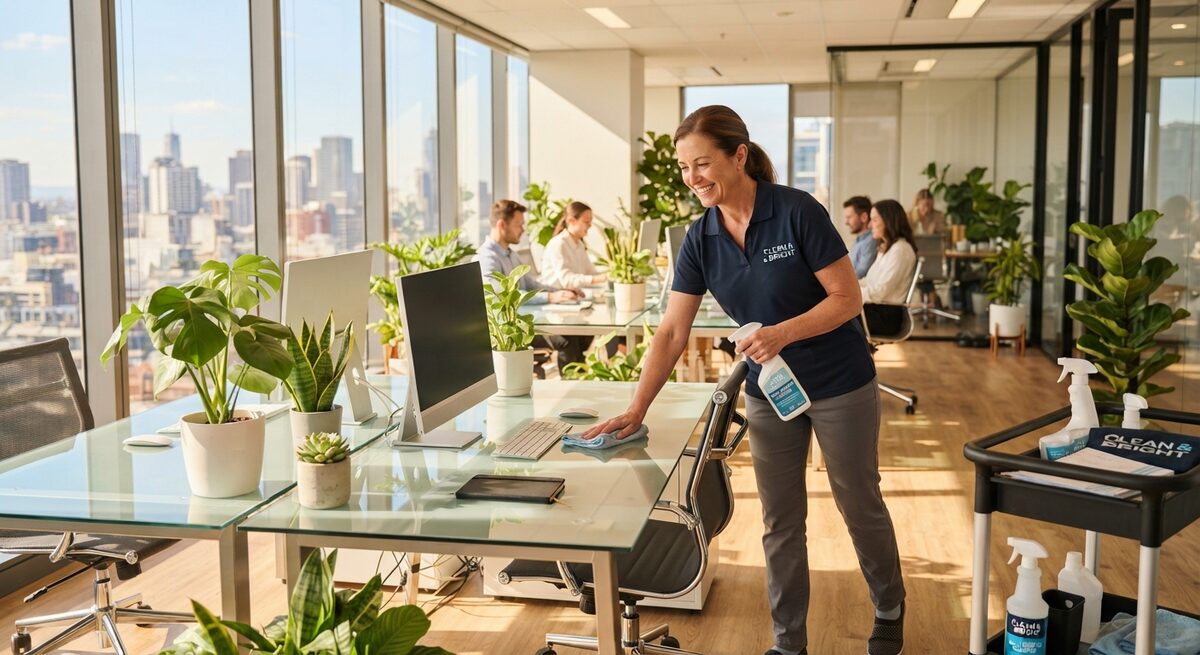 Minnesota Green Cleaning team member wiping down a desk in a bright office