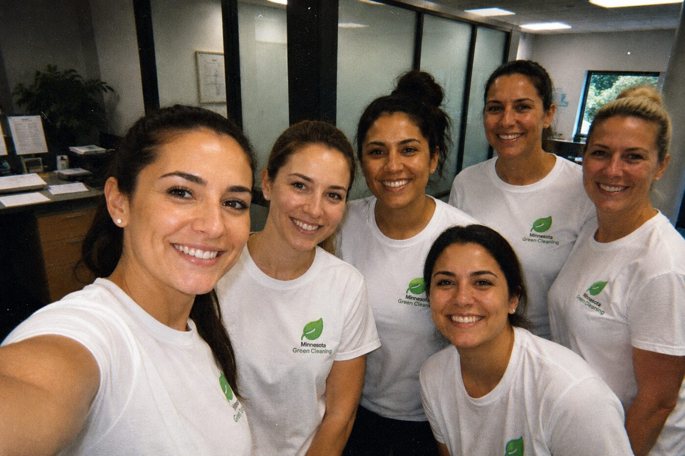 The Minnesota Green Cleaning team together in branded shirts at the Woodbury office