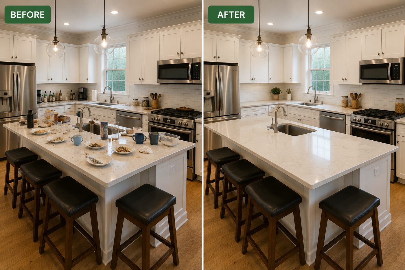 Before and after a Minnesota Green Cleaning kitchen clean — breakfast dishes, packaging and clutter across the island on the left, clear polished quartz, tidy counters and a wiped range on the right