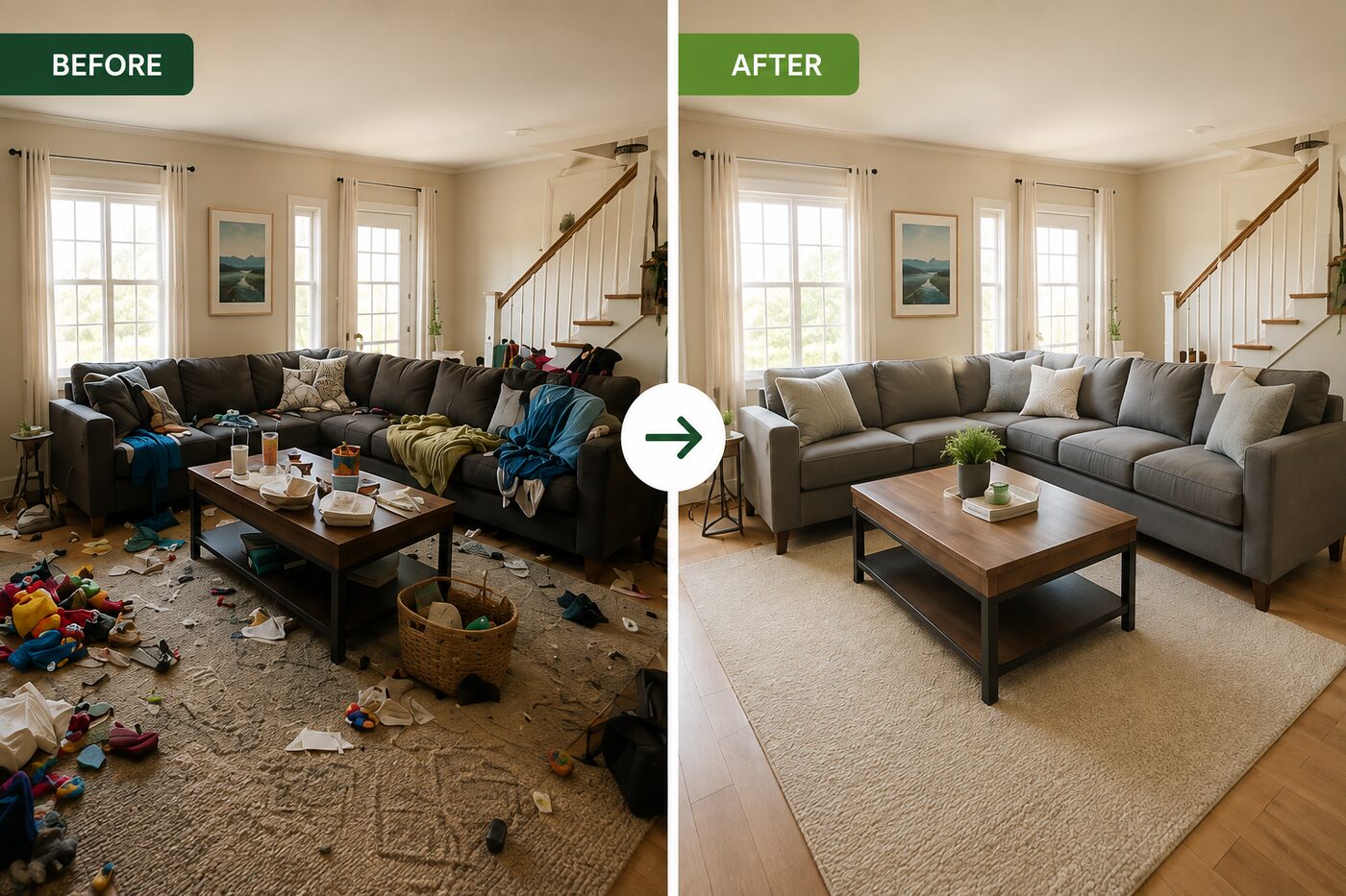 Before and after a living room clean — scattered toys, laundry and clutter on the left, tidy sofa, clean rug and clear floors on the right