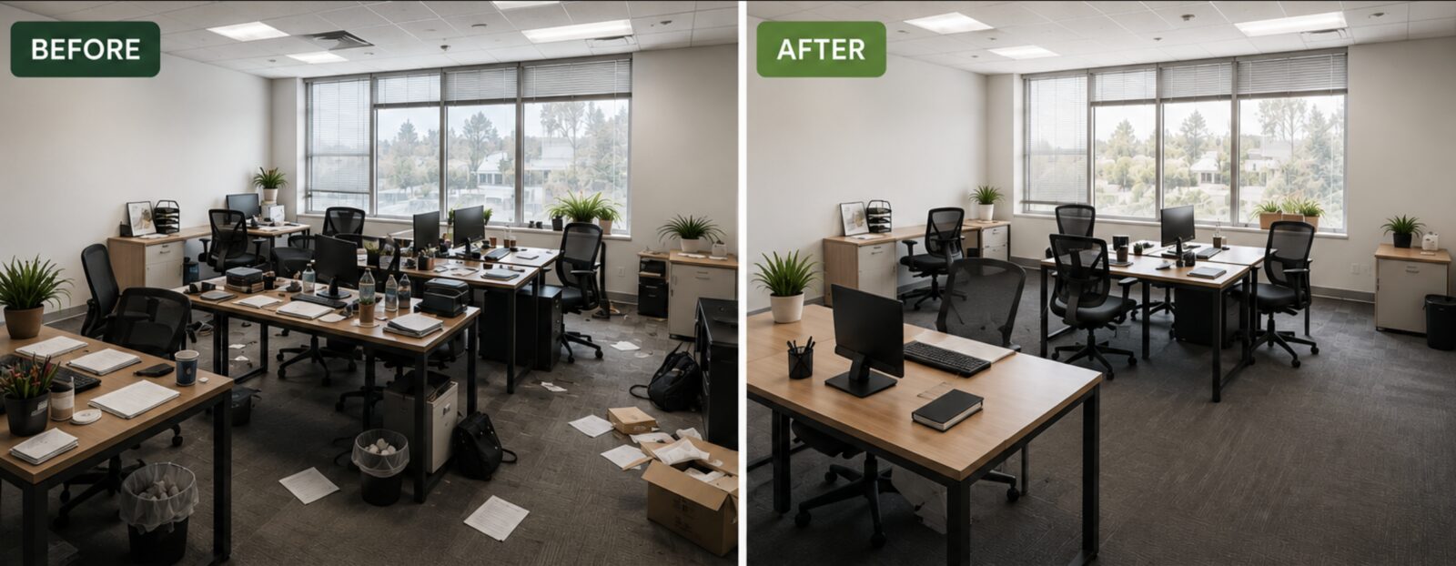 Before and after an office clean — littered floors and cluttered desks on the left, clear desks and vacuumed carpet on the right
